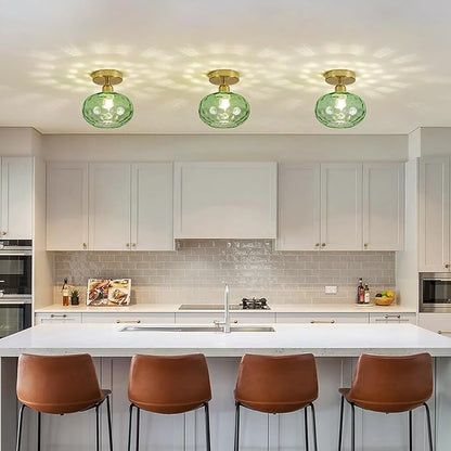 Green Glass Semi Flush Mount Ceiling Light - 7.9 Inch Hammered Art Deco Glass Small Hallway Light fixtures, Vintage Gold Flush Mount Ceiling Light for entryway Foyer Laundry Room Kitchen