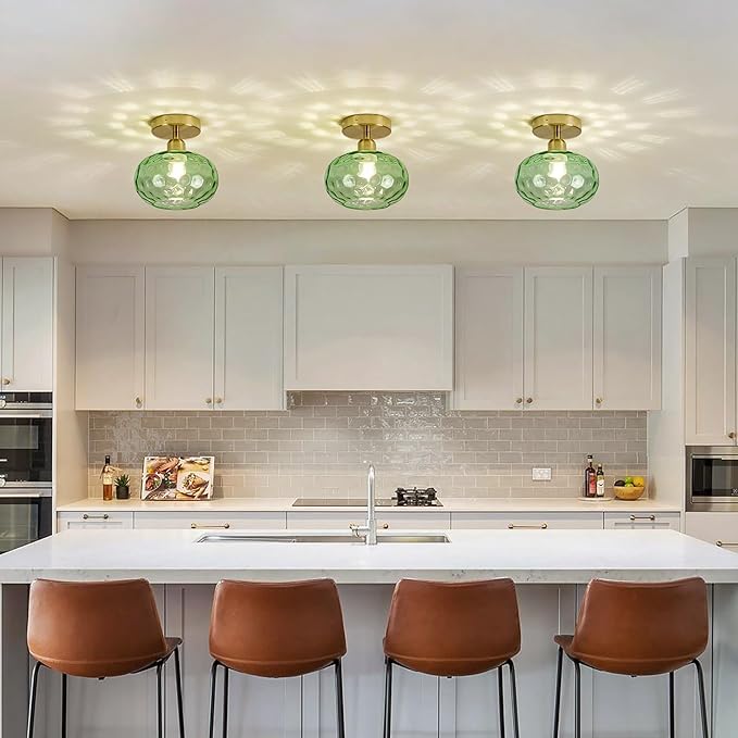 Green Glass Semi Flush Mount Ceiling Light - 2 Pack,7.9 Inch Hammered Glass Hallway Light fixtures Ceiling, Vintage Gold Art Deco Ceiling Light for entryway Foyer Laundry Room Kitchen