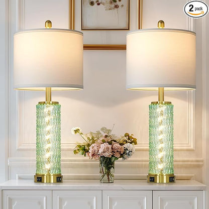 28" Green Glass Table Lamps Set of 2, Green Modern Bedside Lamp with LED Night Light, USB A+C, Glass Lamps for Living Room, Bedroom, Nightstand, Office, End Table (2 Bulbs Included)
