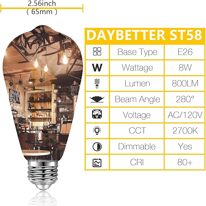 DAYBETTER 20 Pack ST58 LED Edison Bulbs, 8W Vintage Light Bulbs, Equivalent 60 Watt, 800LM, CRI85+, 2700K Warm White, Dimmable E26 Base LED Filament Bulbs for Ceiling, Home, Office, Clear Glass