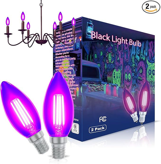 2 Pack Filament LED Candle Black Light Bulbs, 5W C35/B11 E12 Base,UVA Level 390-400nm, Glow in The Dark for Halloween Party, Body Paint, Neon Glow, Fluorescent Posters Decor