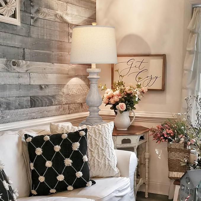 29" Farmhouse Table Lamp for Living Room Set of 2,Vintage Bedside Lamps with USB C+A Ports & AC Outlet,3-Way Dimmable Touch Control Gray Washed Finish Nightstand for Bedroom,Gray