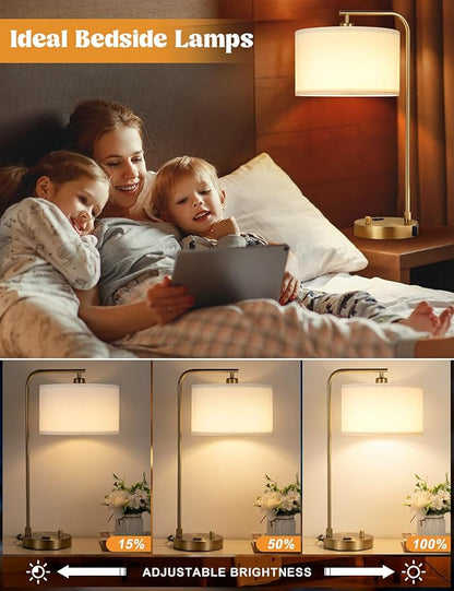 Innqoo Gold Table Lamp with USB Port and Outlet, Dimmable Nightstand Bedside Lamps with Linen Lampshade, Desk Lamp for Bedroom, Living Room, Guest Room, Home Office, LED Bulb Included