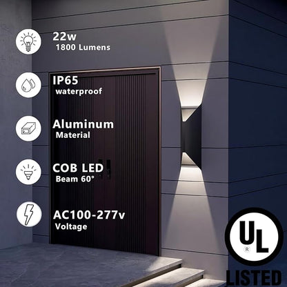 22W Dimmable LED Outdoor Wall Sconce,Modern Up Down Porch Lights 2700K 3000K 3500K 4000K 5000K 5 Colors Changeable,1800 Lumens Outdoor Wall Lights Exterior for House,Garage Door 2 Pack