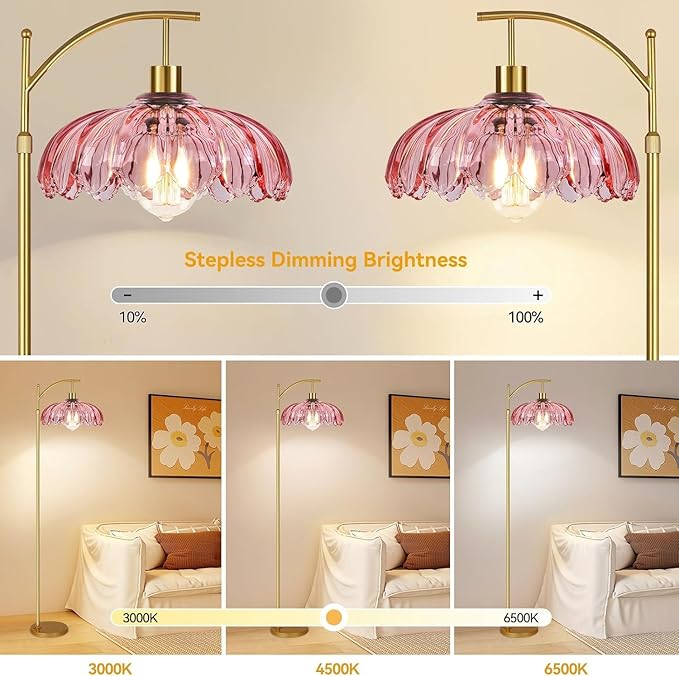 Gold Arc Floor Lamp for Living Room Bedroom,Mid Century Modern Standing Lamp with Remote,Dimmable Brass Tall Lamp Pink Flower Glass Lamp,Adjustable Vintage Floor Lamps Floor Light for Corner Office