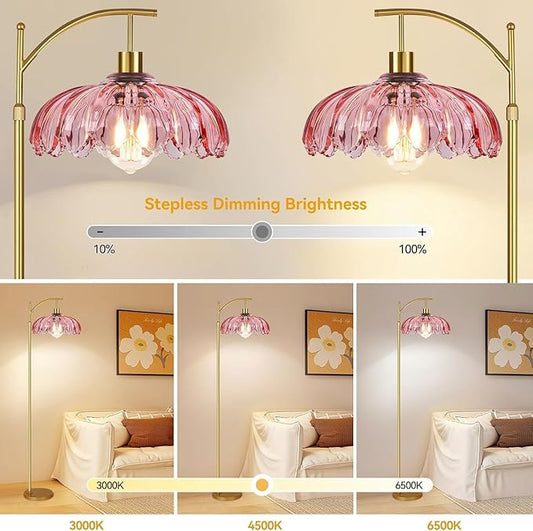 Gold Arc Floor Lamp for Living Room Bedroom,Mid Century Modern Standing Lamp with Remote,Dimmable Brass Tall Lamp Pink Flower Glass Lamp,Adjustable Vintage Floor Lamps Floor Light for Corner Office