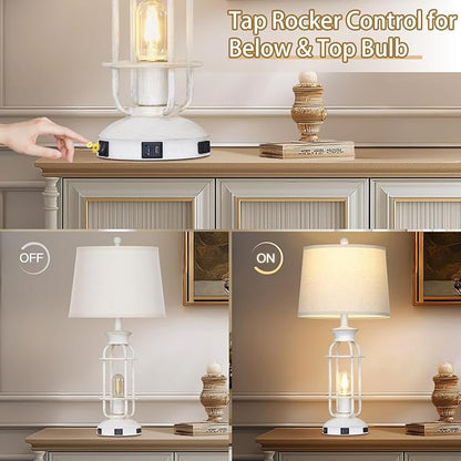 28" Vintage Table Lamps with USB C+A Ports & Outlet, Industrial Farmhouse Table Lamp for Living Room, Rustic Mid Century Modern Bedside Lamps with Nightlight & Beige Fabric Lampshade, Oil-Rubbed White