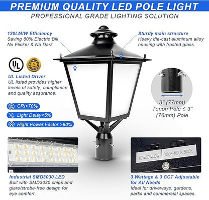 LED Post Top Light 120W/100W/80W Power Tunable, 3CCT 3000K/4000K/5000K Outdoor Post Pole Lights, IP65 Waterproof LED Parking Lot Light for Garden Yard Street Lighting, AC100-277V UL DLC Listed