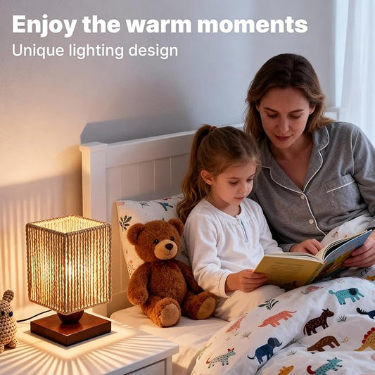 Boho Small Table Lamp,Vintage Wicker Wooden Nightstand Bamboo Woven End Table Lamps,Farmhouse Rattan Beside Lamp for Room Decor, for Bedroom Living Room Desk Kids Room(LED Bulb Included) (A)