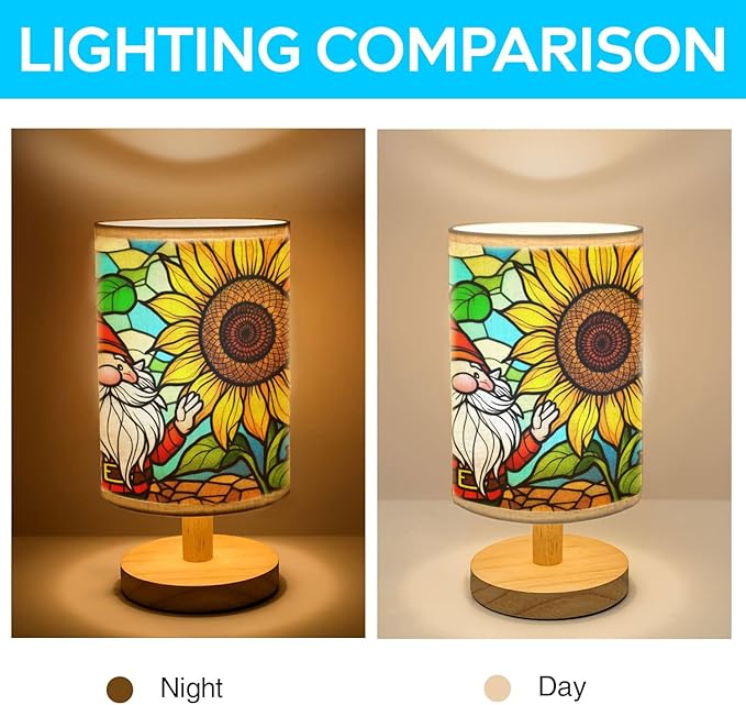 Gnome with Sunflower Table Lamp LED 3-Color Pressed Bedside, Gnome with Sunflower Shade Lamp with Wood Base for Bedroom Living Room Desk Office TL01