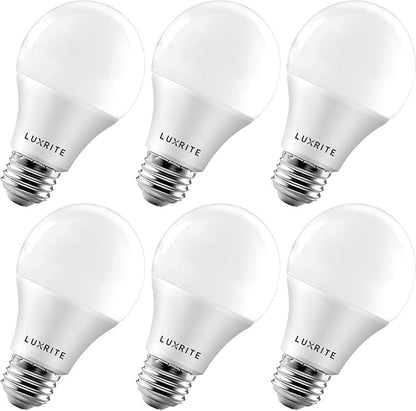 LUXRITE A19 LED Bulb 60W Equivalent, 4000K Cool White, 800 Lumens, Dimmable Standard LED Light Bulbs 9W, Enclosed Fixture Rated, Energy Star, E26 Medium Base - Indoor and Outdoor (6 Pack)