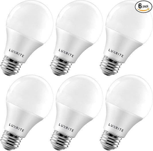 LUXRITE A19 LED Bulb 60W Equivalent, 3500K Natural White, 800 Lumens, Dimmable Standard LED Light Bulbs 9W, Enclosed Fixture Rated, Energy Star, E26 Medium Base - Indoor and Outdoor (6 Pack)