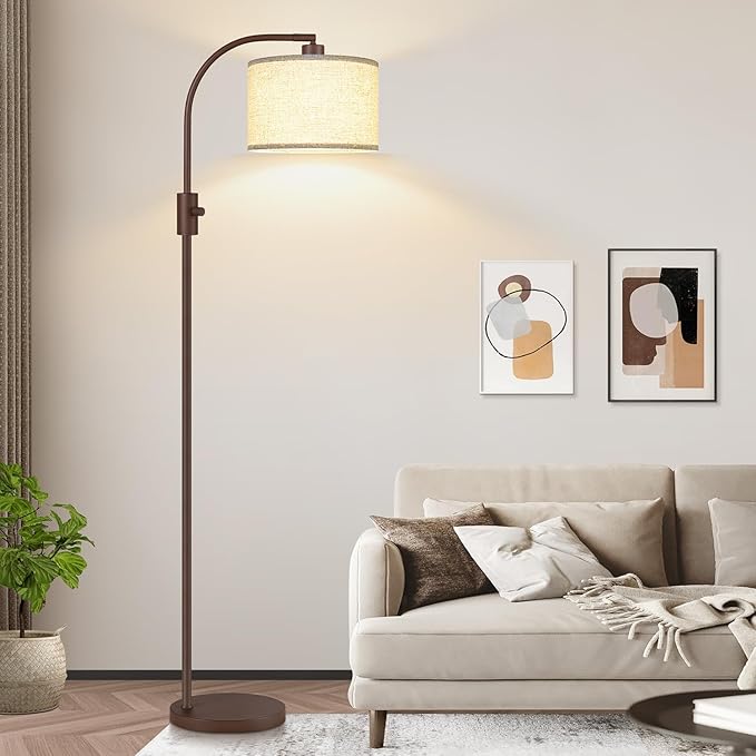 【Upgraded】 Dimmable Matte Brown Floor Lamp, 1200 Lumens LED Bulb Included, Arc Floor Lamps for Living Room Modern Standing Lamp with Linen Shade, Tall Lamp for Living Room Bedroom Office Reading Room