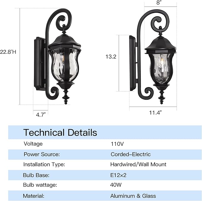 Outdoor Wall Sconces, Black Outdoor Porch Lights, 22.8" H Large Exterior Wall Lanterns, Waterproof Exterior Lighting Fixtures with Water Glass for Patio Garage Doorway