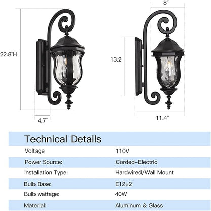 Outdoor Wall Sconces, Black Outdoor Porch Lights, 22.8" H Large Exterior Wall Lanterns, Waterproof Exterior Lighting Fixtures with Water Glass for Patio Garage Doorway