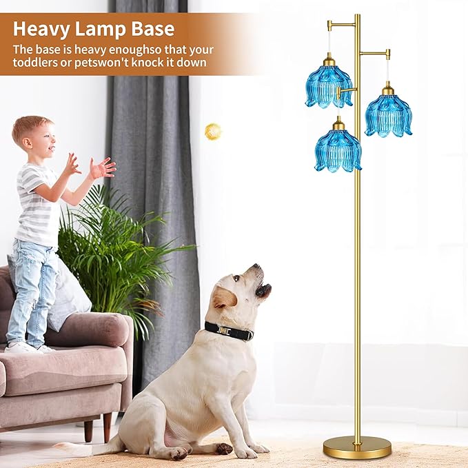 Glass Floor Lamp for Living Room,Bedroom,Gold Mid Century Modern Standing Lamp Brass Tree 3 Light Tall Floor Lamps Vintage Retro Floor Lights Flower Lamp Shade Farmhouse Boho Bohemian