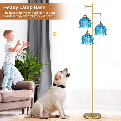 Glass Floor Lamp for Living Room,Bedroom,Gold Mid Century Modern Standing Lamp Brass Tree 3 Light Tall Floor Lamps Vintage Retro Floor Lights Flower Lamp Shade Farmhouse Boho Bohemian