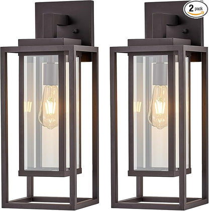 21" Outdoor Wall Light Fixtures Waterproofed Exterior Lantern W/Sturdy Rectangular Double Cage In Old Rust&Clear Tempered Glass,Sconce Mounted For House Patio,Front door,Porch,Garage Lighting 2Pack
