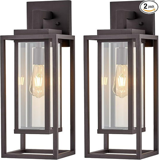 21" Outdoor Wall Light Fixtures Waterproofed Exterior Lantern W/Sturdy Rectangular Double Cage In Old Rust&Clear Tempered Glass,Sconce Mounted For House Patio,Front door,Porch,Garage Lighting 2Pack