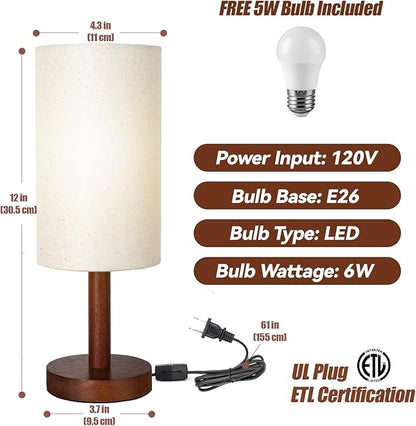 Small Table Lamp Nightstand Lamp Linen Lampshade Bedroom Wood Base Small Bedside Lamp for Night Stands, Desk Lamps for Reading Living Room, Office (LED Bulb Included) (Black-Walnut Wood（2）)