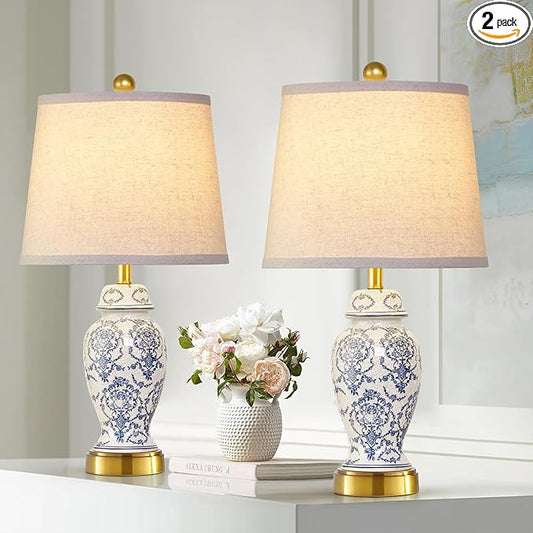 RORIANO Chinoiserie Ceramic Table Lamps Set of 2 for Living Room Bedroom Bedside, Traditional Blue Porcelain Classic Table Lamp for Nightstand Entryway, 2 LED Bulbs Included
