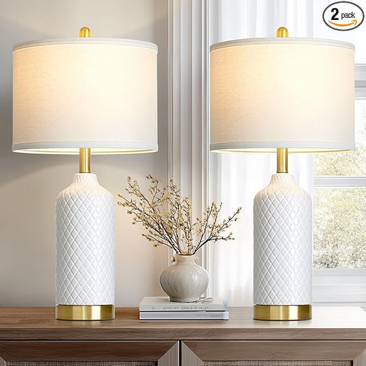 26“ White Ceramic Table Lamps for Living Room, Modern Ceramic Lamps Set of 2, Tall Bedside Lamp for Nightstand, Classic Farmhouse Bedroom Lamp for Desk Side End Table Home Decor