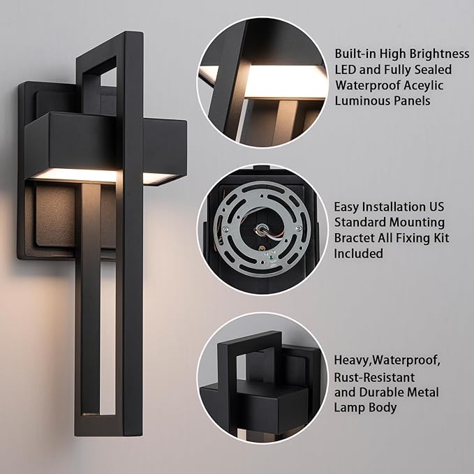 Outdoor Wall Lights Modern LED Exterior Lighting Fixtures, 3000K 15W Outdoor Wall Sconce for Porch, Matte Black Outside Wall Mount Lights for Front Door House Garage Indoor. (2 Pack)
