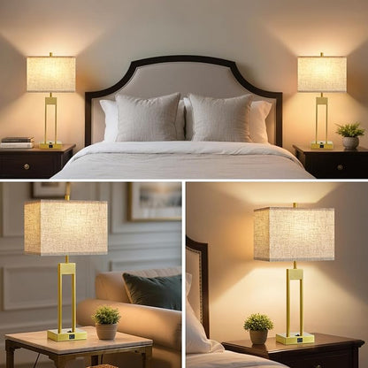 GyroVu 25.5" Nightstand Table Lamps for Bedrooms Set of 2, Bedside Lamp with USB C+A, Colors Changeable Living Room Lamp, Modern Night Stand Lamps for Bed Side Guest Room Reading, Gold+White Shade