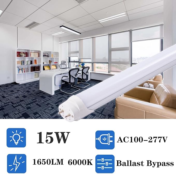 6pcs 3FT 15W T8 Tube Light White Daylight 6000k T8 LED Bulbs Shop Lights Ballast Bypass G13 Base 3 Foot Milky Cover Fluorescent Tube lamp Replacement AC100-277V(3ft 15w, 6 Pack)