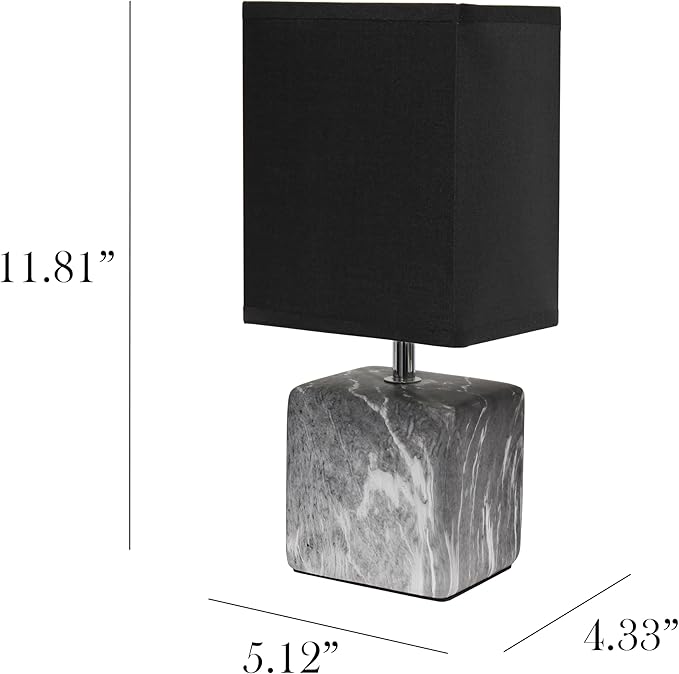 Simple Designs LT1217-BOB 11.81" Mini Marble Ceramic Cube Table Lamp, for Living Room, Bedroom, Office, Black with Black Shade