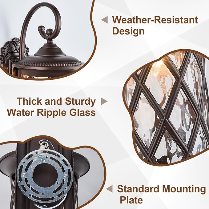 Oil Rubbed Bronze 24" Large Outdoor Coach Light Retro Exterior Waterproof Wall Lantern, Waterproof Aluminum Patio Sconce Light Brown Wall Mount Lamps with Water Glass for Garage, Front Door Garden