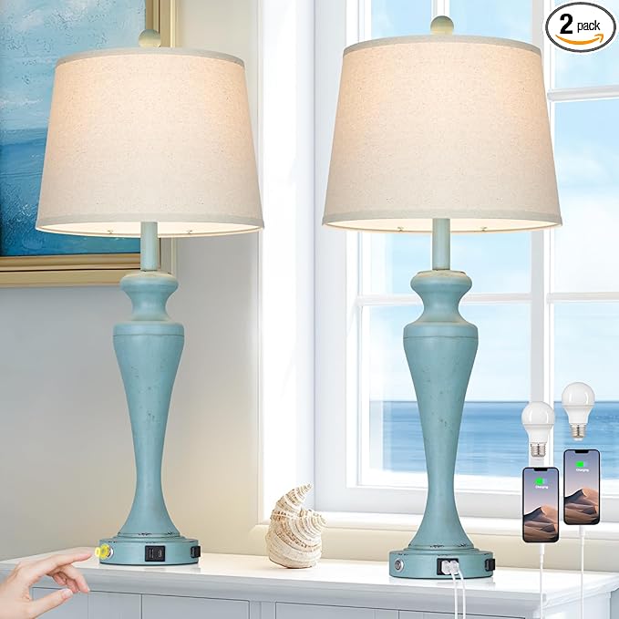 30" Blue Table Lamps Set of 2, Touch Control Coastal Living Room Lamp with USB A+C Ports and AC Outlet, 3-Way Bedside Lamps for Nightstand, Vintage Farmhouse Bedroom Lamp, 2 Bulbs Included