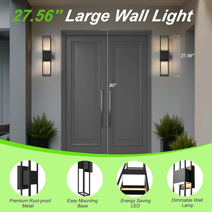 Modern Outdoor Wall Lights, 27.56IN Large Wall Sconce - 3000K Warm White LED Exterior Lighting Fixture, Waterproof Outdoor Lantern Lights for Porch, Wall Lights for Living Room