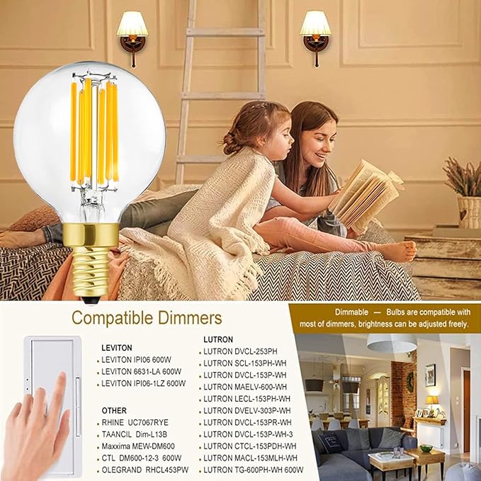 Leools e12 led Bulb dimmable g16.5 Light Bulb 6W Equal 60 Watt 600lm AC120V e12 Candelabra 60 Watt for Chandeliers,Ceiling Fan,Vanity Soft White 3000K Globe e12 Bulbs 6Pack