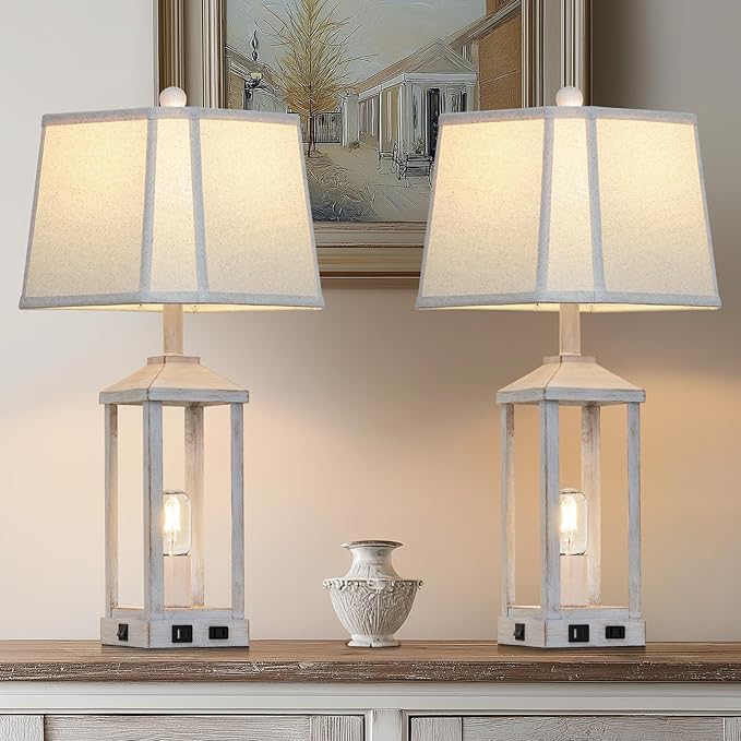 28" Set of 2 Vintage Table Lamps for Living Room，Farmhouse Industrial Nightstand Lamp with USB C+A & Outlet ，White Bedside Lamps for End Table with Nightlight, Bell Lampshades for Bedroom Nightstand