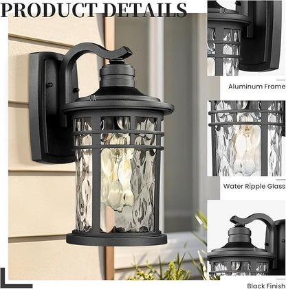Outdoor Wall Light Fixtures 12 Inch Black Exterior Wall Mount Lantern with Water Ripple Glass Porch Light Sconces for House Garage E26 Socket