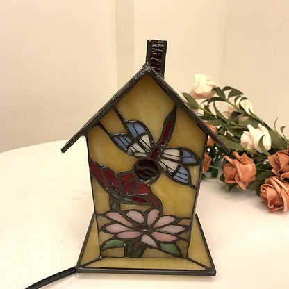 Bieye L10782 Tiffany Style Stained Glass Birdhouse Table Lamp for Home Decor (7-inch High, Dragonfly)