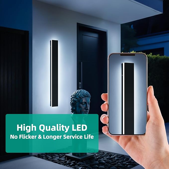 Upgrade Widened 2 Pack Black Outdoor Wall Sconce, 47.2inch Dimmable Modern LED Exterior Light Fixture, 3000K-6000K, IP65 Waterproof, Long Wall Mount Lamp for Fence, Garden, House with Remote Control