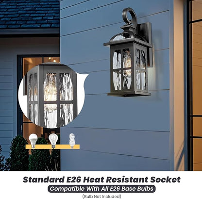 Outdoor Wall Laterns 15 Inch Height Outdoor Wall Light Fixtures Die-Cast Aluminum and Water Ripple Glass Black Finish Anti-Rust Outside Sconce Porch Lights for House Garage Doorway