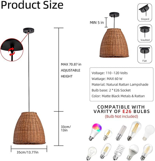 Dark Curry Rattan Pendant Light,13.77" Rustic Hanging Light 1-Pack Brown Wicker Pendant Light Hand-Woven Rattan Chandelier for Public Place Dining Living Bedroom Kitchen Farmhouse