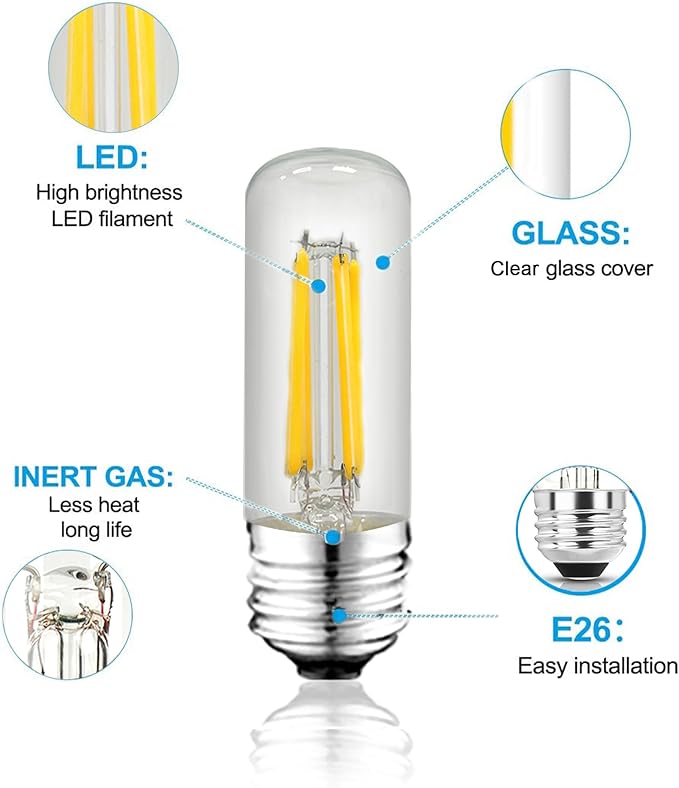 3.2 Inch 5000K Daylight White E26 LED Bulb 60 Watt Equal, AC 120V 600LM Edison Bulbs Dimmable, 6W T10 T30 Filament Light Bulbs Clear Glass for Fan Pendant Wall Light, UL Listed-4 Pack