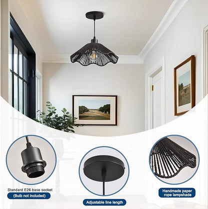 3 Pack Black Woven Pendant Light Fixtures,11.81" Rattan Pendant Lights Farmhouse Basket Light Fixture Adjustable Boho Hanging Lamp for Kitchen Island Bedroom Dining Room Foyer Hallway