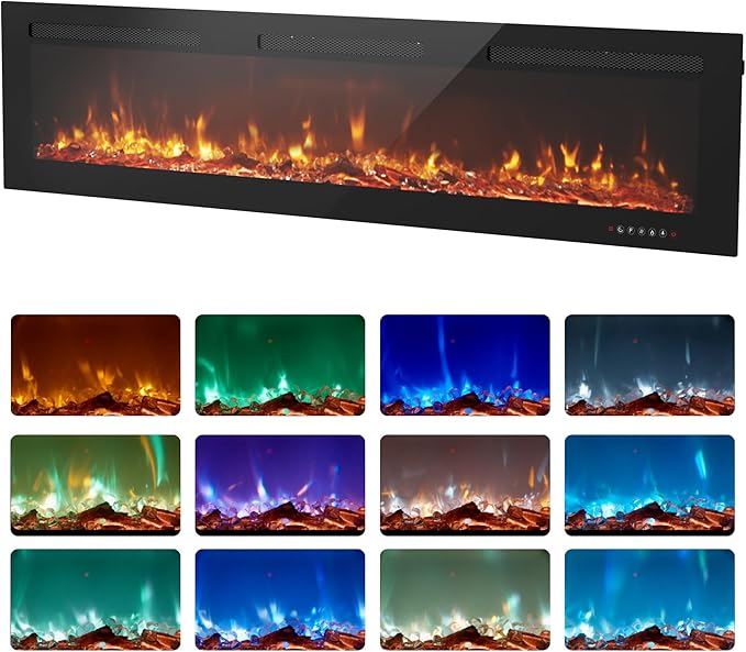 EUHOMY 72 Inch Electric Fireplace Wall Recessed and Wall Mounted with Adjustable Flame Color, Fireplace Heater with Remote Control, Linear Fireplace with Timer, Touch Screen, Log & Crystal, 750/1500W