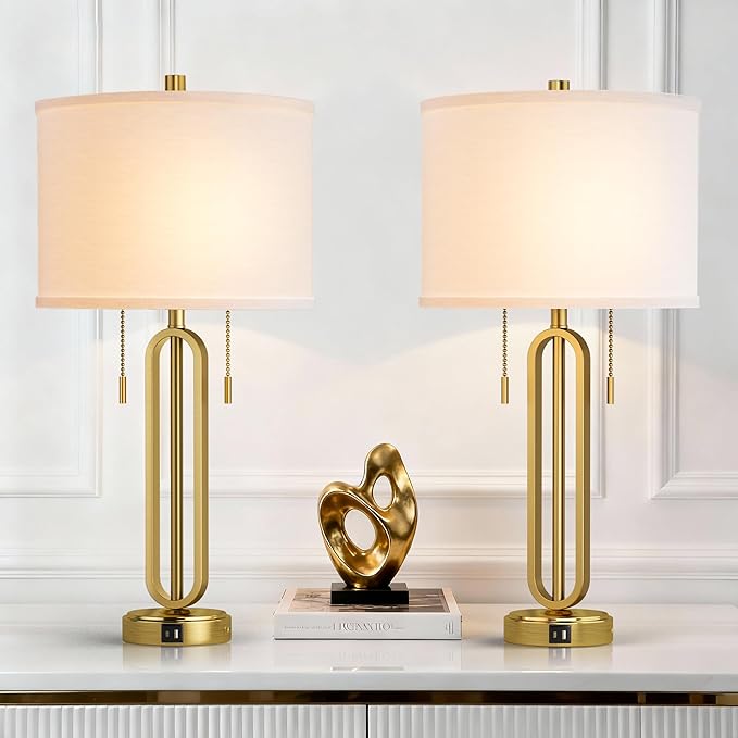 26.5" Set of 2 Industrial Table Lamps with USB C+ A Ports, Gold Metal Bedside Lamps, Pull Chain, Modern Farmhouse Nightstand Lamp for Bedroom, Living Room, Home Office with White Shade