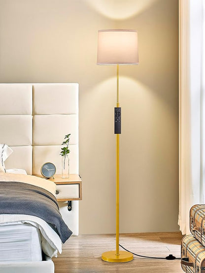 60" Modern Floor Lamp for Living Room, Standing Lamp with White Linen Lampshade, Remote and Foot Switch, Tall Lamp with A19 9W 3000K-6000K Color Temperature 10%-100% Brightness Dimmable Bulb, Gold