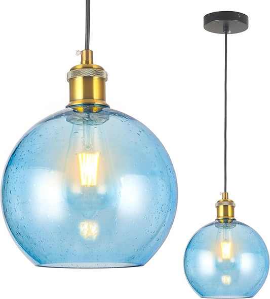 Blue Glass Pendant Lights Kitchen Island Lighting Globe Pendant Light Fixtures Modern Hand Blown Glass Lighting for Kitchen Island Bedroom Dining Room-7.8Inch