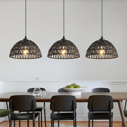 3 Pack Woven Pendant Light Fixtures,10.2" Black Rattan Pendant Lights Farmhouse Basket Light Fixture Adjustable Boho Hanging Lamp for Kitchen Island Bedroom Dining Room Foyer Hallway