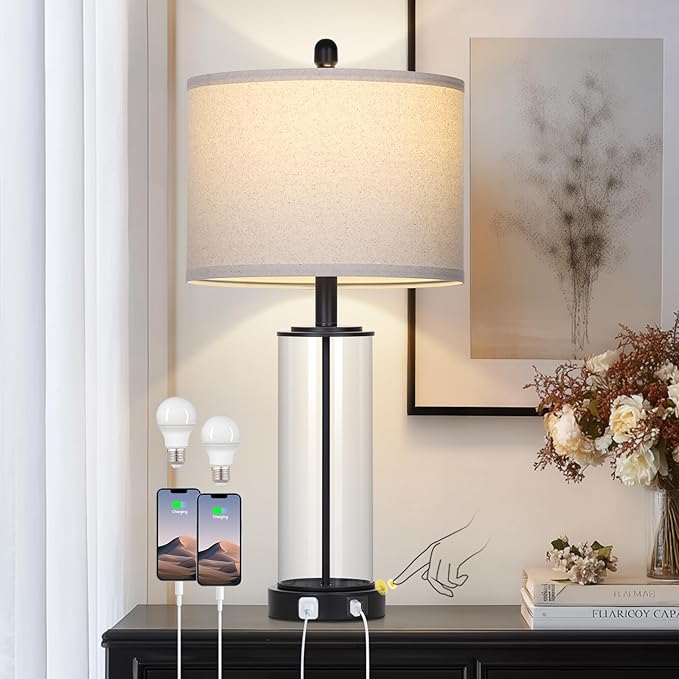 26" Black Glass Table Lamp for Living Room Single, 3-Way Dimmable Bedside Lamps with USB C+A Ports & AC Outlet, Modern Touch Control Bedroom Lamp for Nightstand Side End Table (Bulb Included)