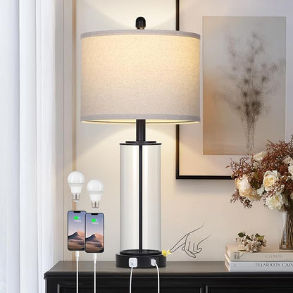 26" Black Glass Table Lamp for Living Room Single, 3-Way Dimmable Bedside Lamps with USB C+A Ports & AC Outlet, Modern Touch Control Bedroom Lamp for Nightstand Side End Table (Bulb Included)