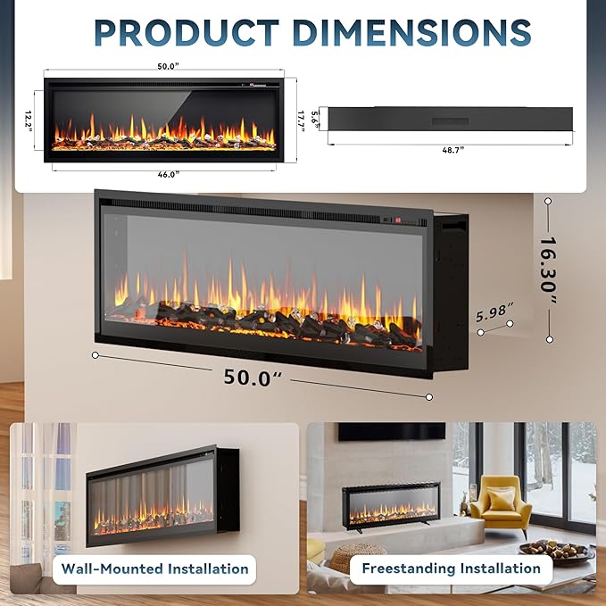 EUHOMY 50 Inch Electric Fireplace Recessed Wall Mounted Freestanding with Remote Control, Ultra-thin Fireplace Heater with Adjustable Flame Color, Linear Fireplace with Timer, Log & Crystal, 750/1500W